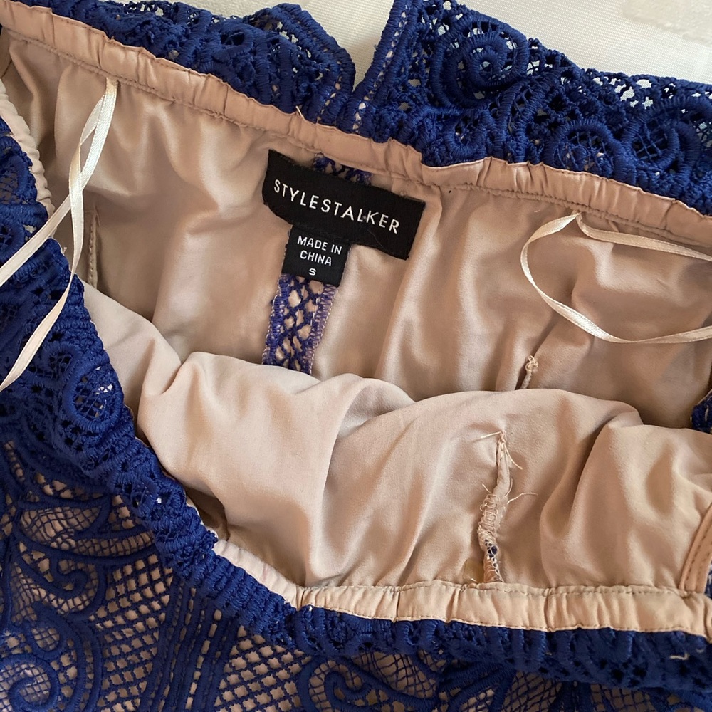 blue lace midi off shoulder dress Anthropologie